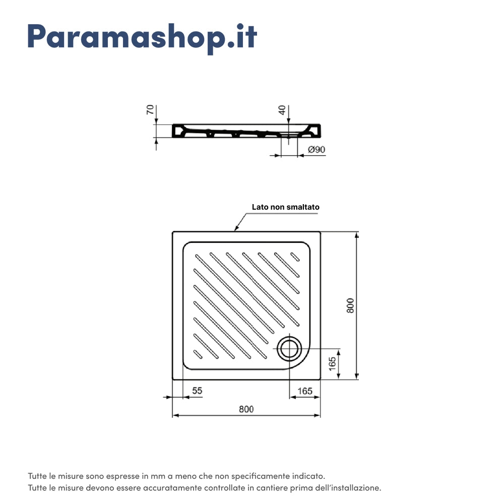 Ideal Standard piatto doccia 80x80x7h cm in ceramica bianco lucido design anti-scivolo mod. Eurovit