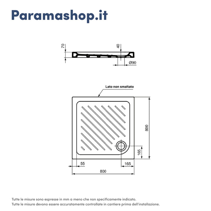 Ideal Standard piatto doccia 80x80x7h cm in ceramica bianco lucido design anti-scivolo mod. Eurovit