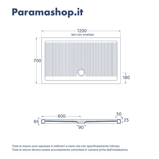 Azzurra ceramica piatto doccia 70x120xh6,5cm bianco lucido design anti-scivolo | Ferdy