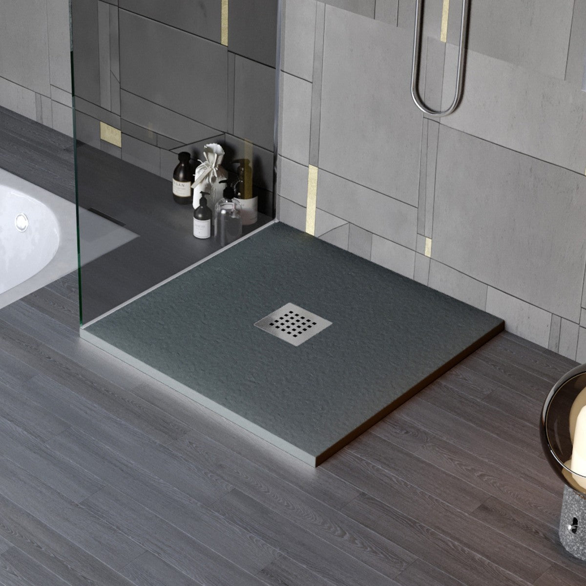 Piatto doccia in marmo resina effetto pietra con foro centrale grigio scuro chic, misura 75x90