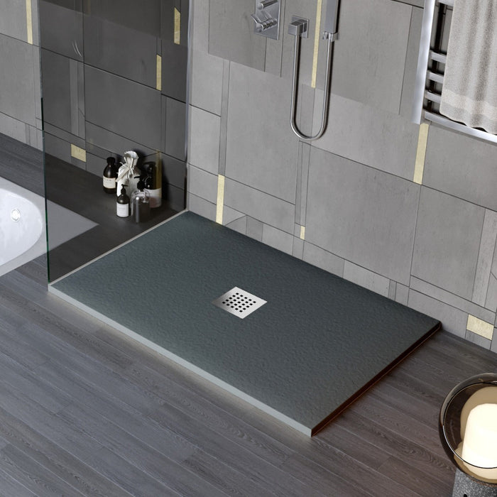 Piatto doccia in marmo resina effetto pietra con foro centrale grigio scuro chic, misura 75x90