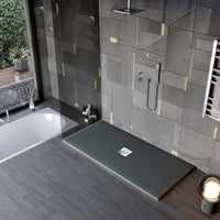 Piatto doccia in marmo resina effetto pietra con foro centrale grigio scuro chic, misura 80x90