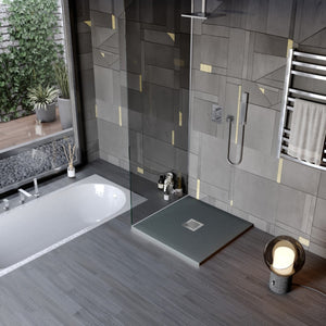 Piatto doccia in marmo resina effetto pietra con foro centrale grigio scuro chic, misura 80x90