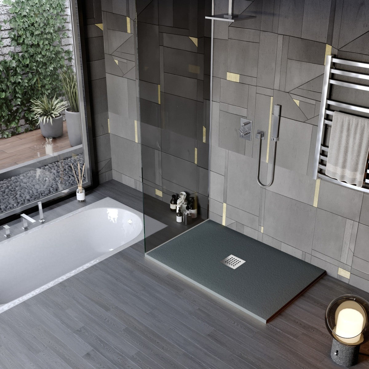 Piatto doccia in marmo resina effetto pietra con foro centrale grigio scuro chic, misura 75x90