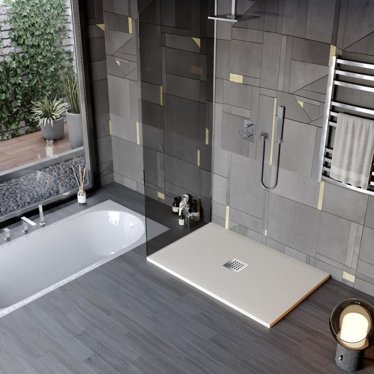 Piatto doccia in marmo resina effetto pietra con foro centrale crema chic, misura 75x150