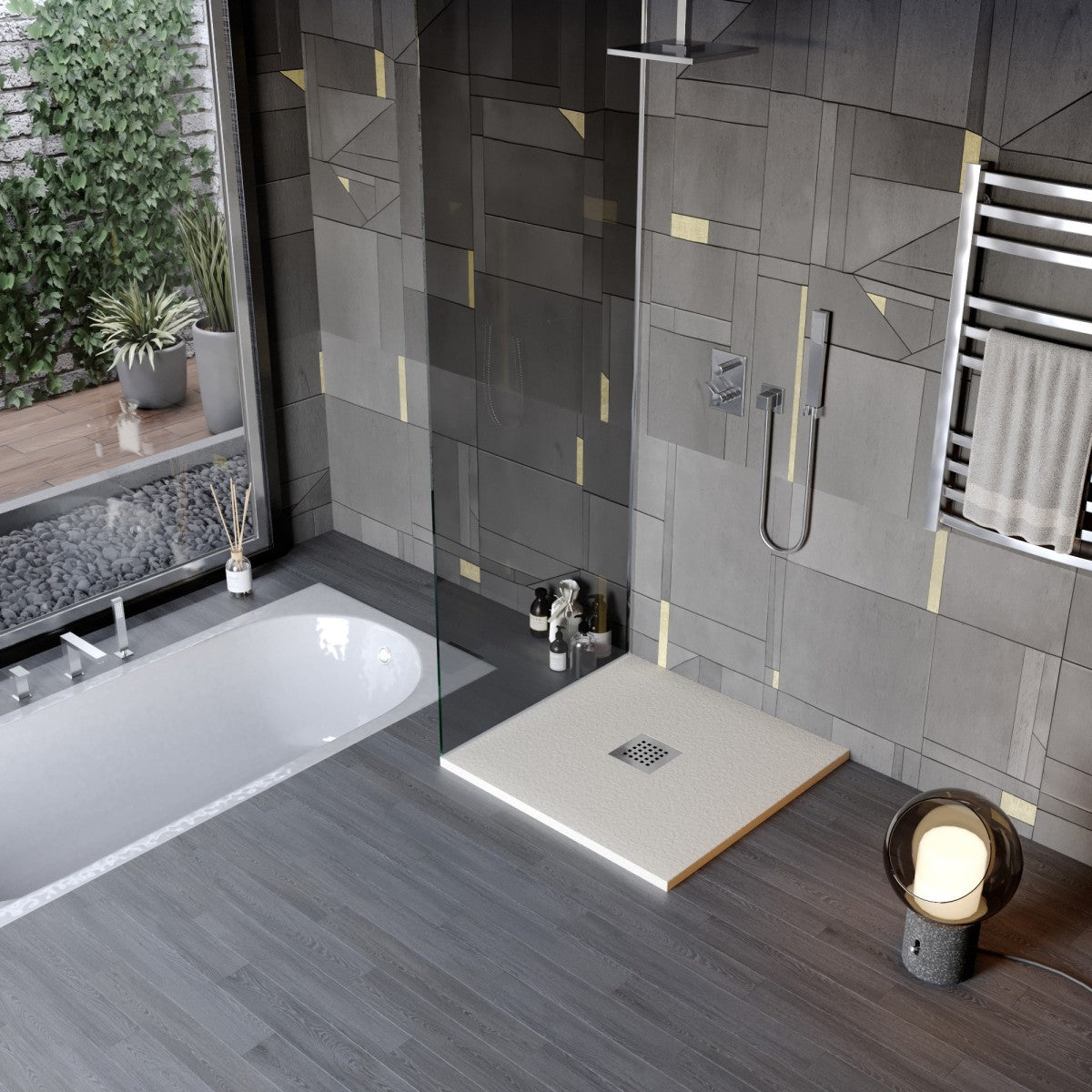 Piatto doccia in marmo resina effetto pietra con foro centrale crema chic, misura 75x150