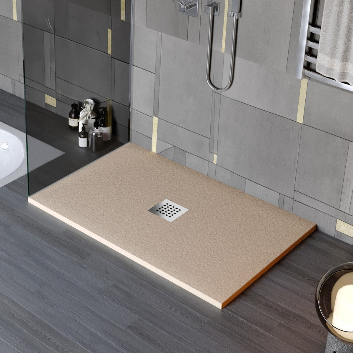 Piatto doccia in marmo resina effetto pietra con foro centrale tortora chic, misura 70x100