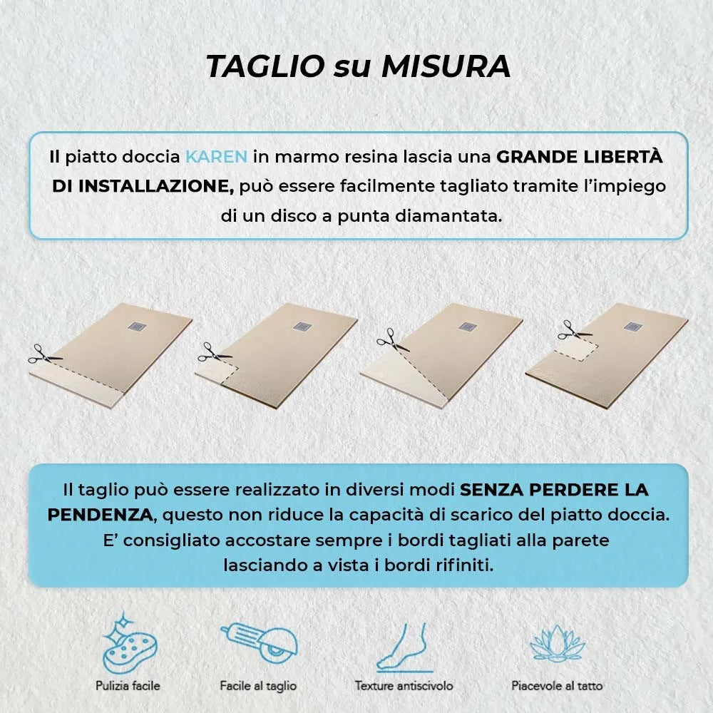 Piatto doccia filo pavimento Karen 100x100 in resina pietra tortora