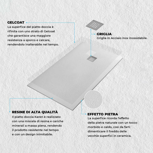 Piatto doccia filo pavimento Karen 100x120 in resina bianco pietra