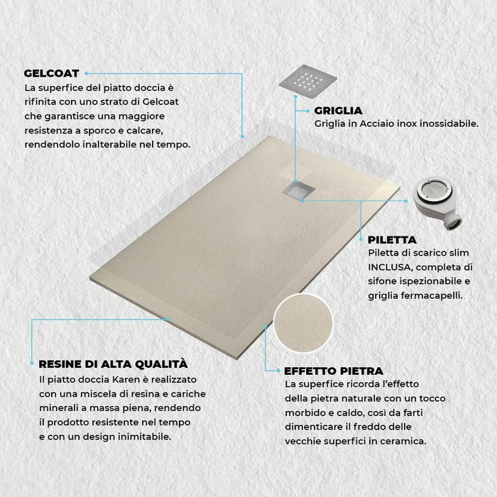 Piatto doccia filo pavimento Karen 70x110 in resina pietra tortora