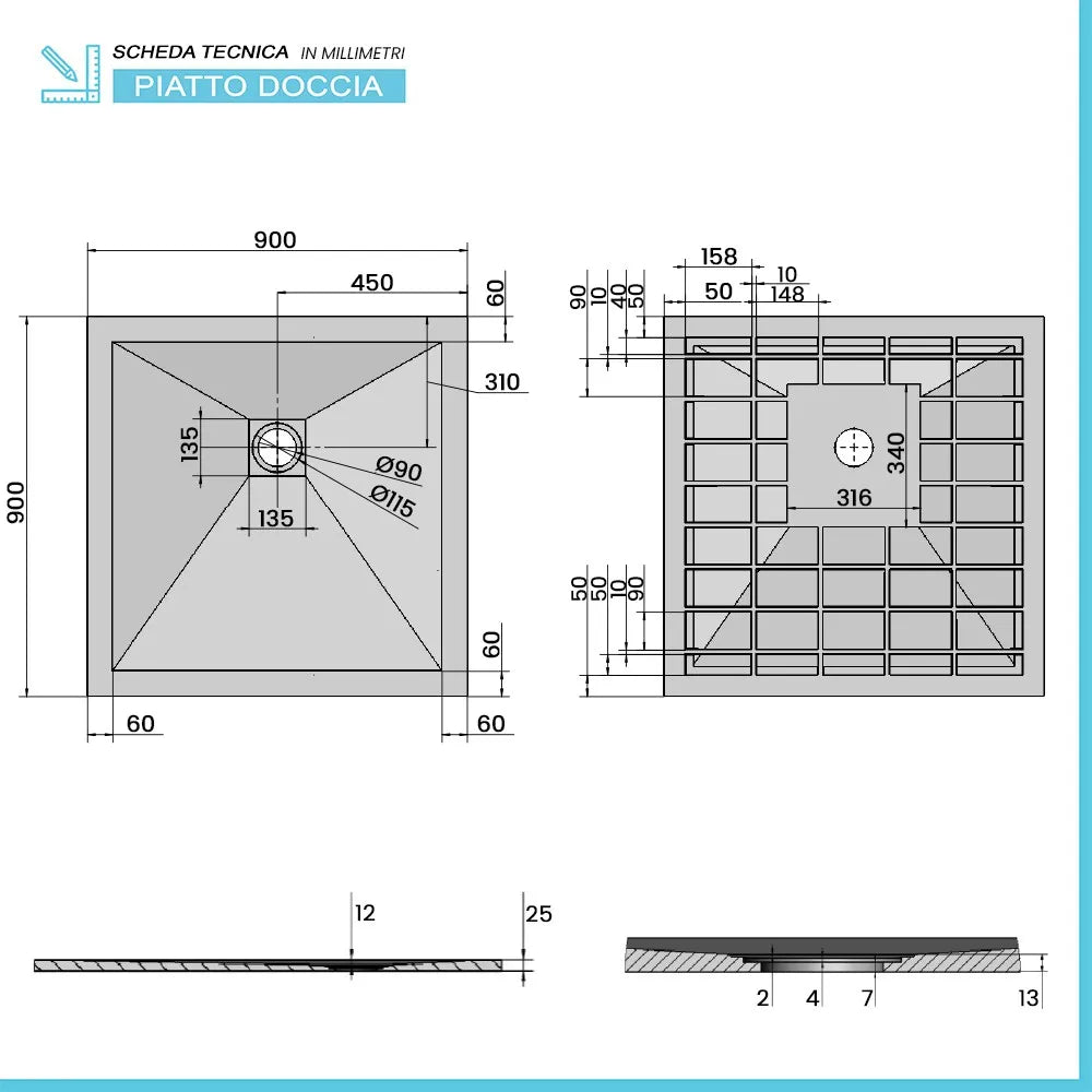 Piatto doccia filo pavimento Karen 90x90 in resina bianco pietra