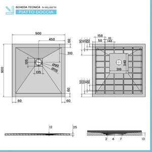 Piatto doccia filo pavimento Karen 90x90 in resina bianco pietra