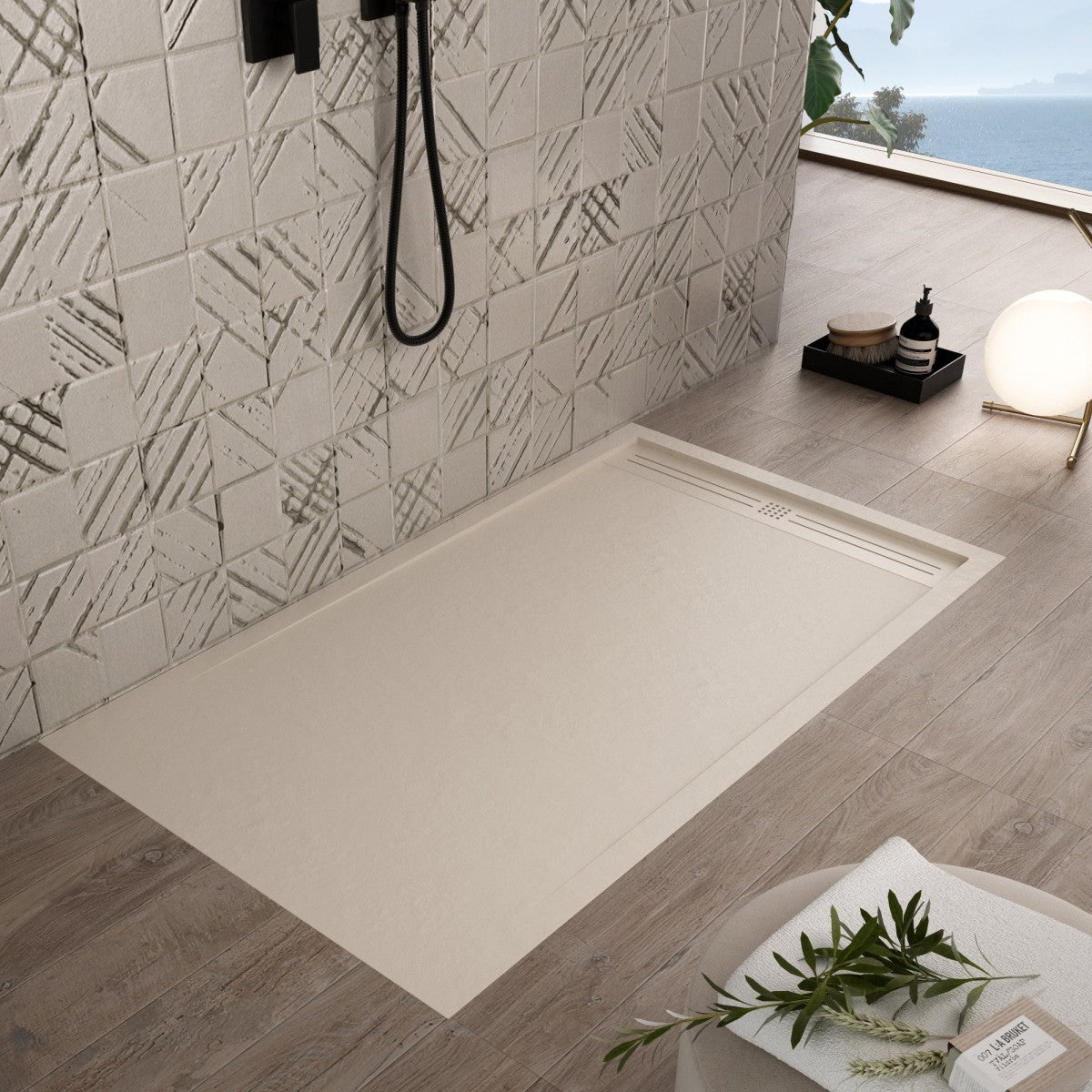 Piatto doccia in marmo resina crema pietra cemento grid, misura 90x140