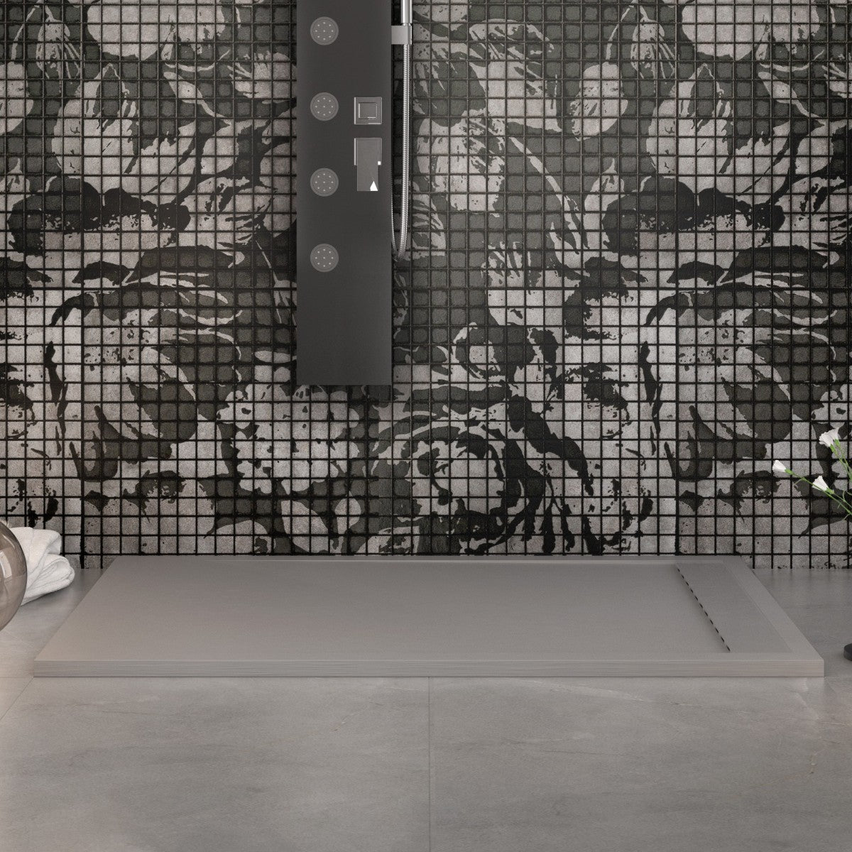 Piatto doccia in marmo resina grigio chiaro pietra cemento prestige, misura 70x110