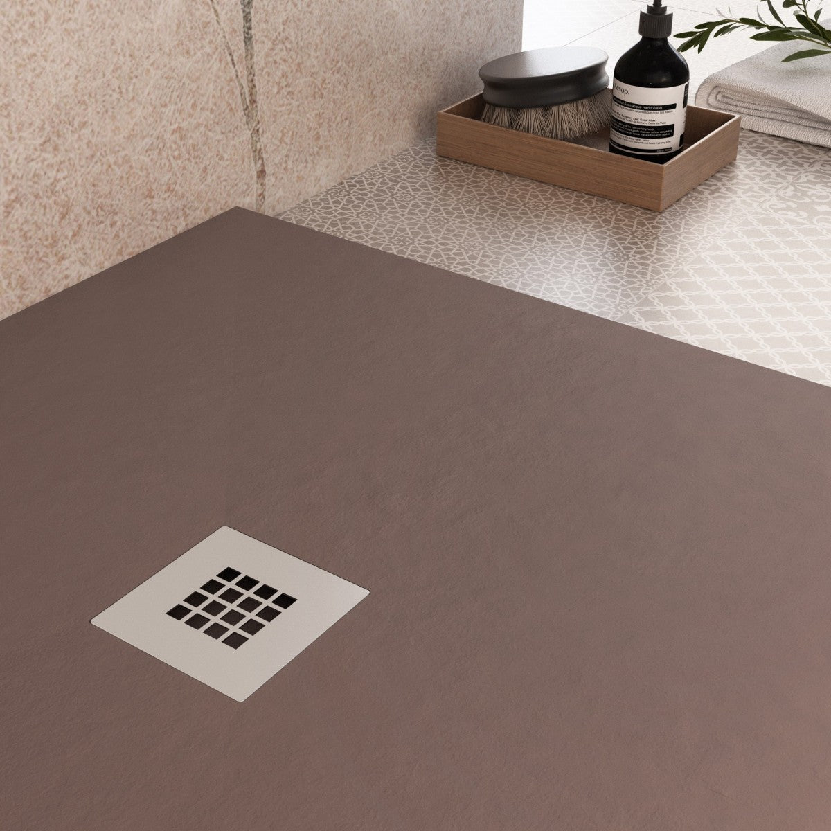 Piatto doccia in marmo resina marrone pietra cemento plus, misura 70x80