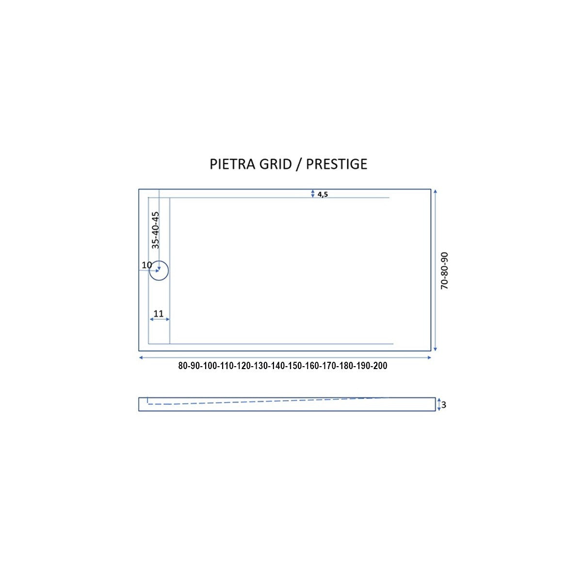 Piatto doccia in marmo resina nero pietra cemento grid, misura 90x100