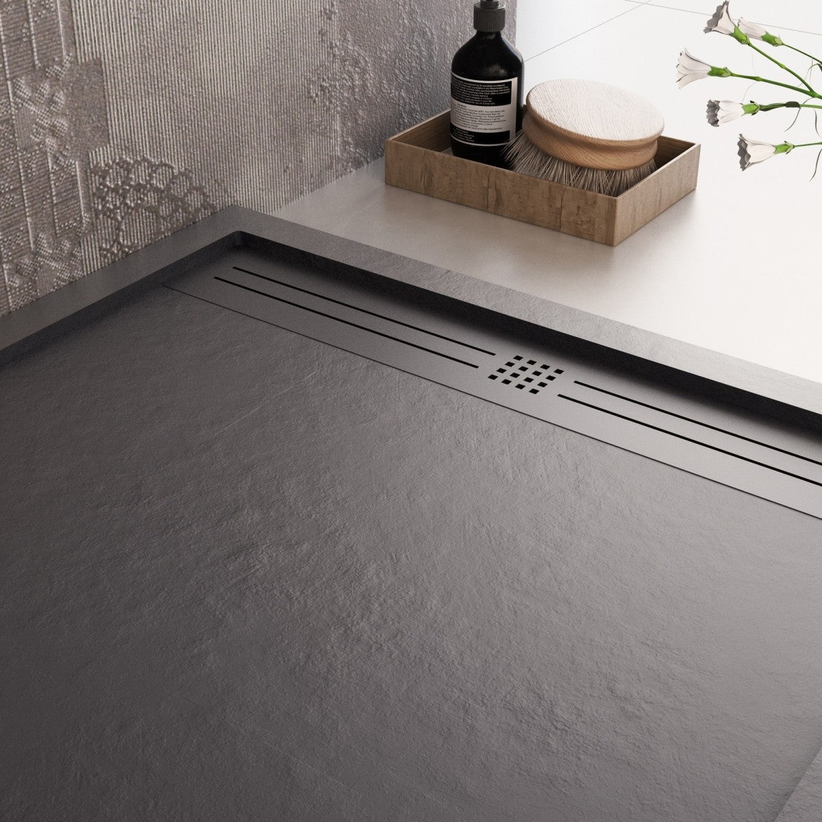 Piatto doccia in marmo resina nero pietra cemento grid, misura 90x180