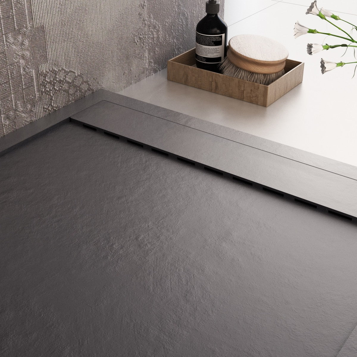 Piatto doccia in marmo resina nero pietra cemento prestige, misura 70x110