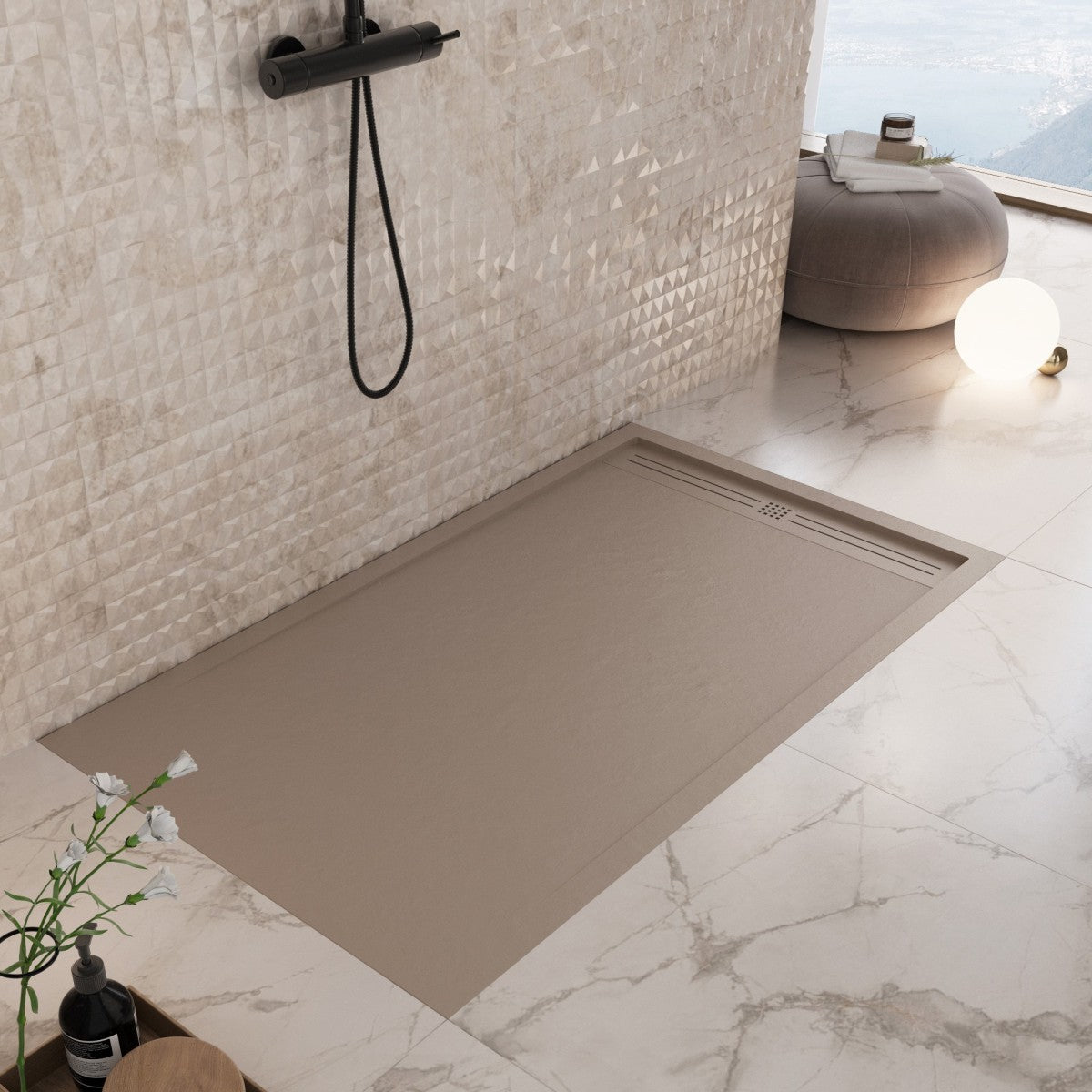 Piatto doccia in marmo resina tortora pietra cemento grid, misura 90x180