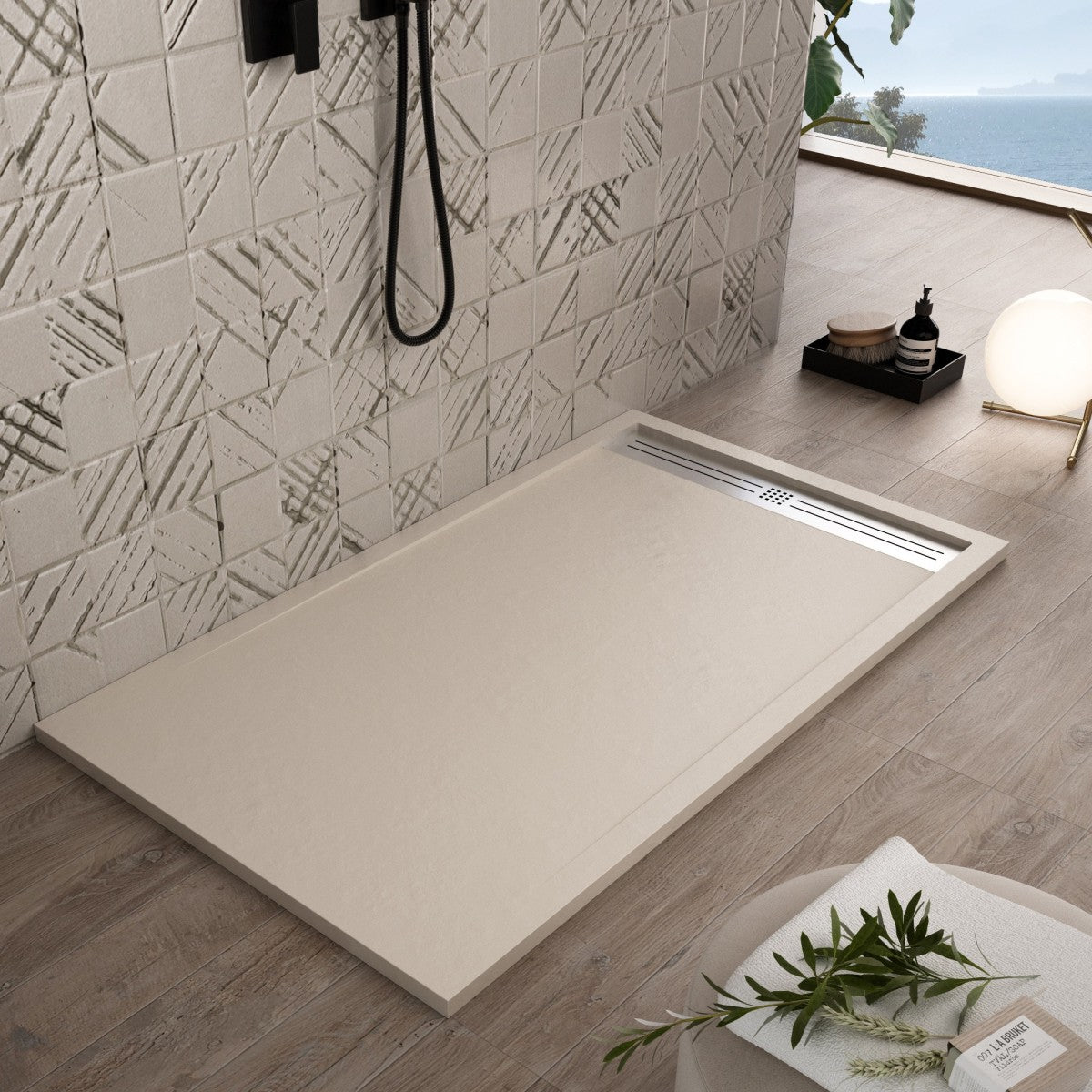 Piatto doccia in marmoresina crema effetto pietra cemento relax, misura 70x180