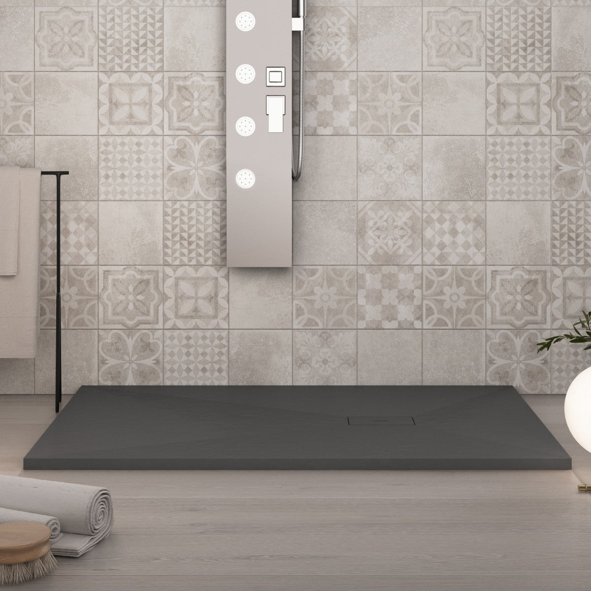 Piatto doccia in marmoresina grigio scuro effetto pietra cemento maka, misura 80x80