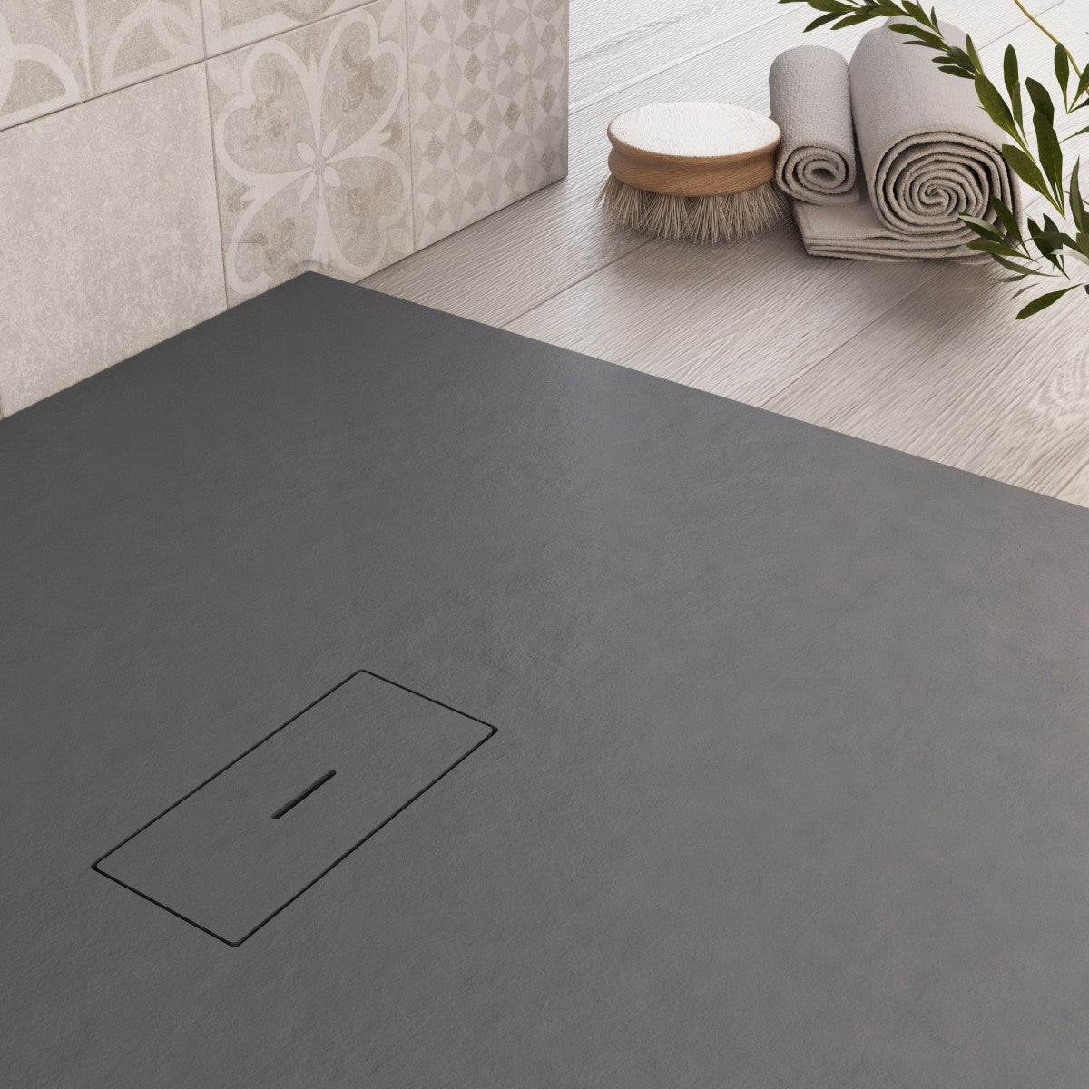 Piatto doccia in marmoresina grigio scuro effetto pietra cemento maka, misura 100x130