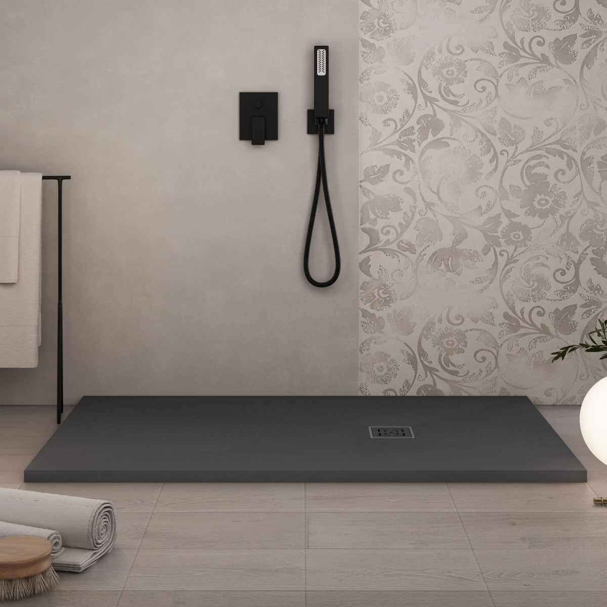 Piatto doccia in marmoresina grigio scuro effetto pietra cemento passion, misura 70x160
