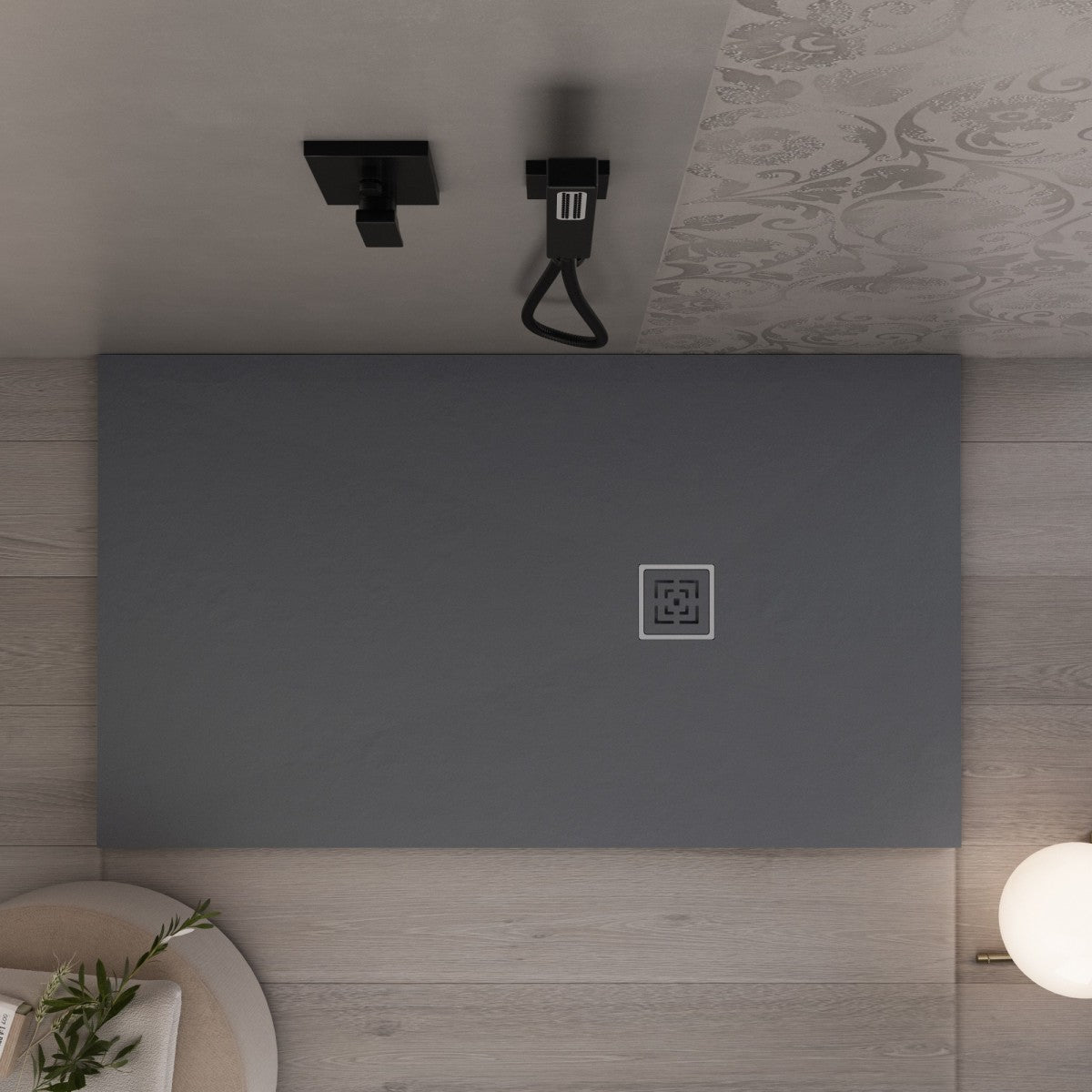 Piatto doccia in marmoresina grigio scuro effetto pietra cemento passion, misura 80x80