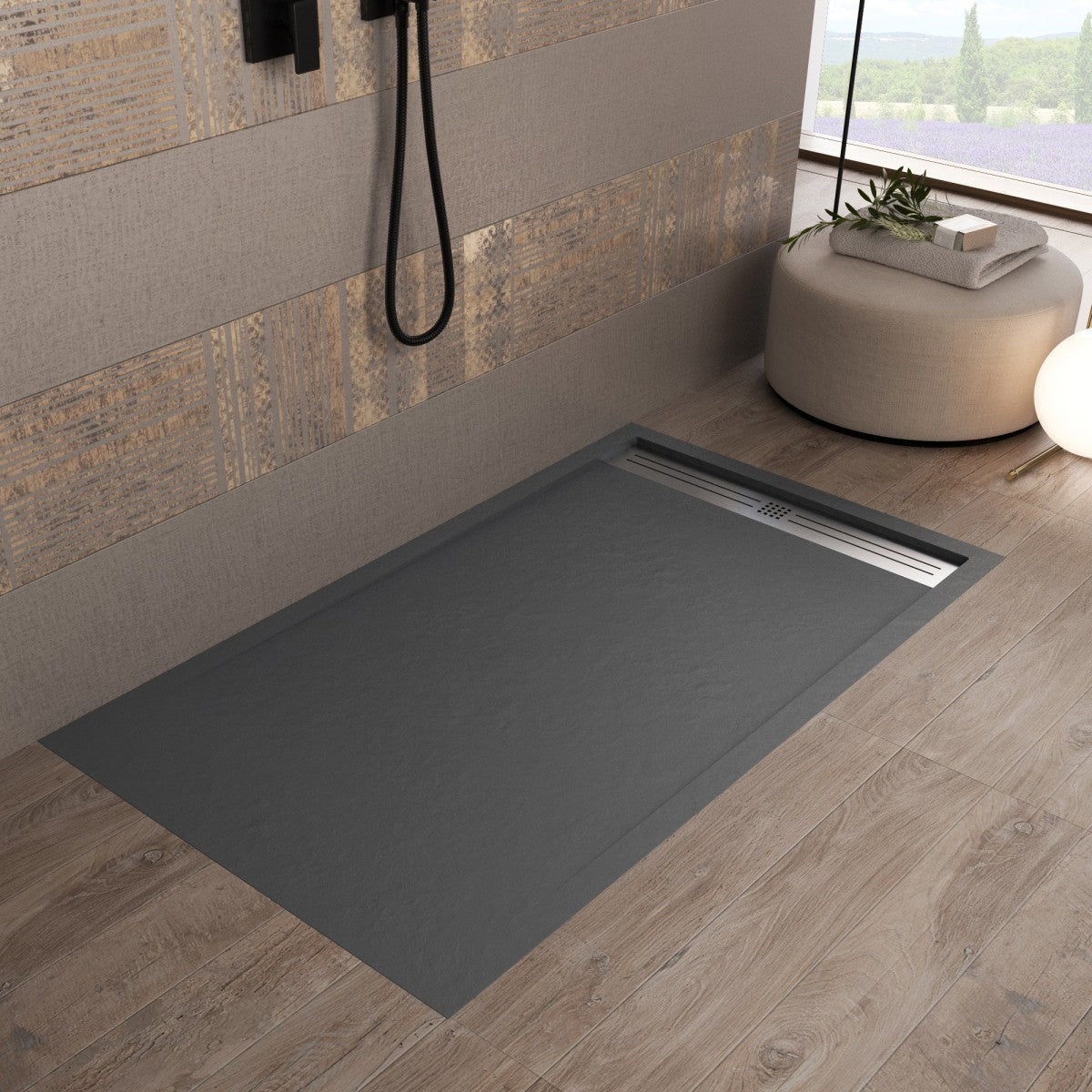 Piatto doccia in marmoresina grigio scuro effetto pietra cemento relax, misura 90x100