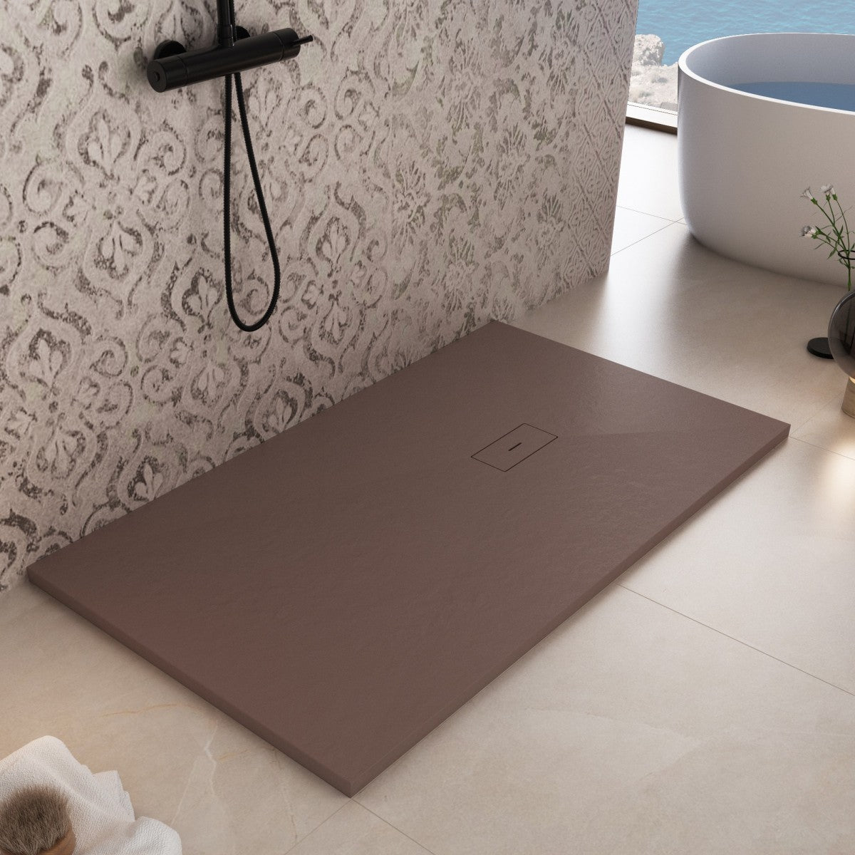 Piatto doccia in marmoresina marrone effetto pietra cemento maka, misura 80x90