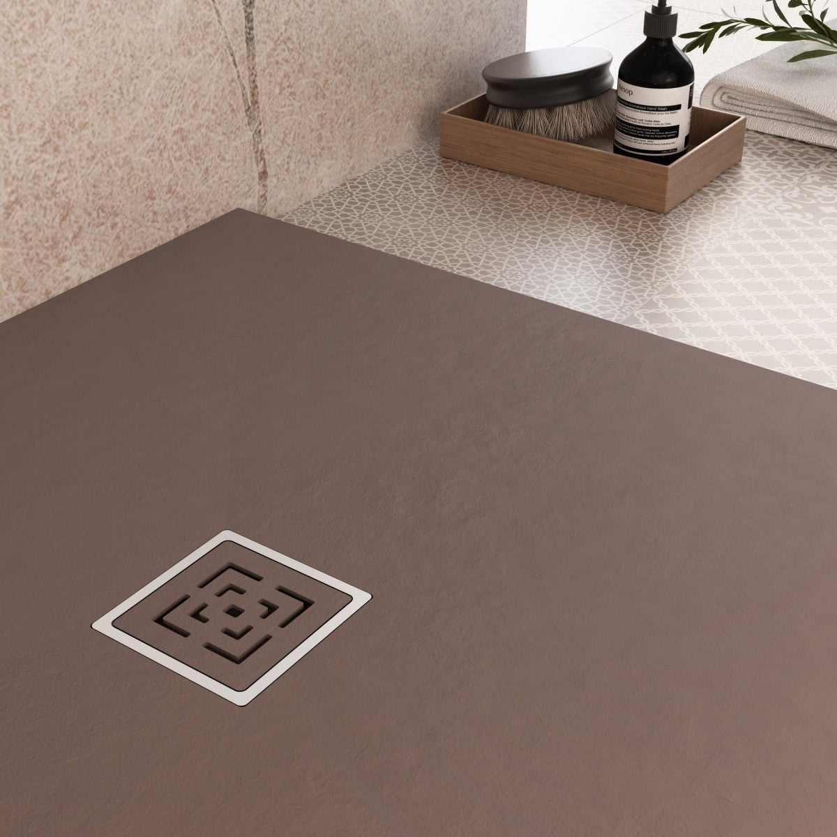 Piatto doccia in marmoresina marrone effetto pietra cemento passion, misura 90x140