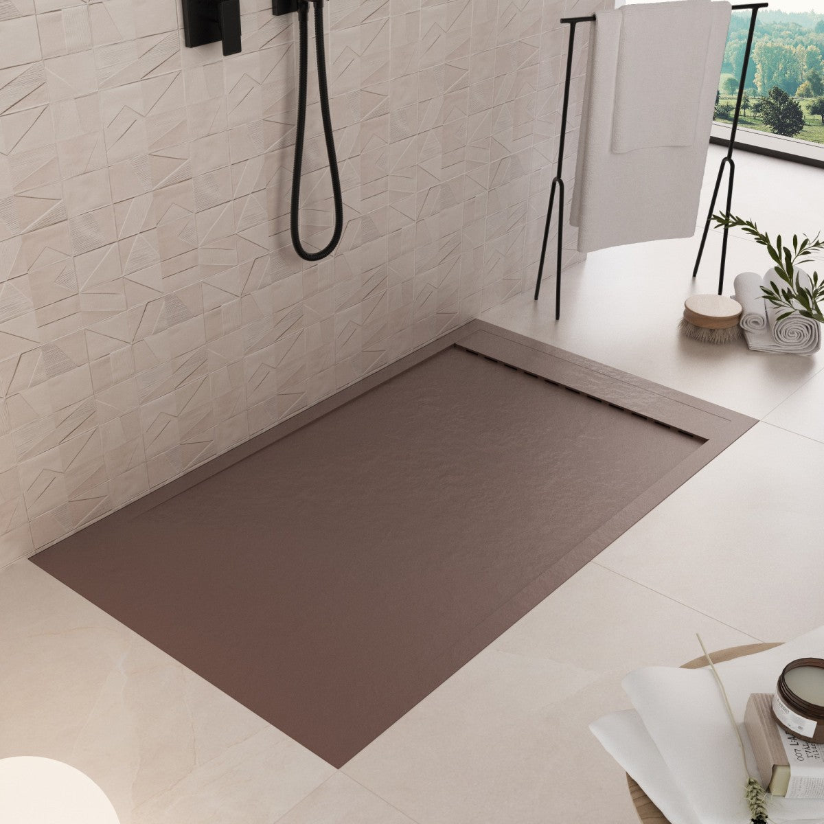 Piatto doccia in marmoresina marrone effetto pietra cemento prestige, misura 90x100