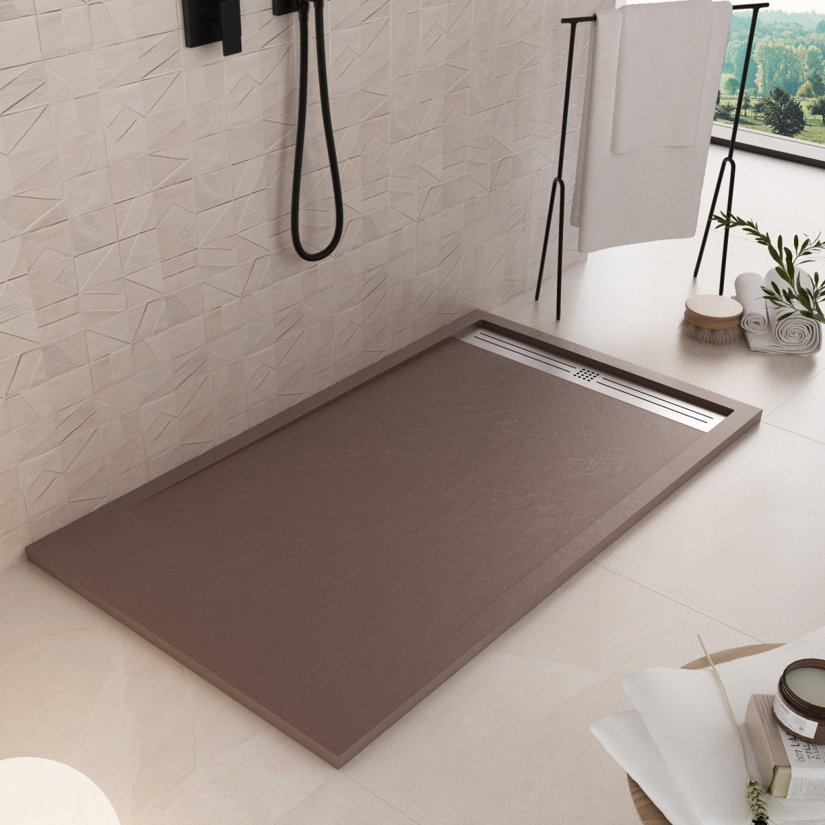 Piatto doccia in marmoresina marrone effetto pietra cemento relax, misura 80x180