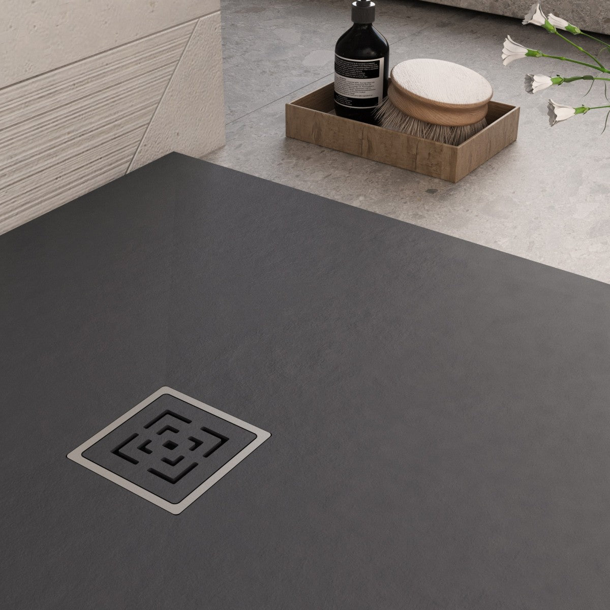 Piatto doccia in marmoresina nero effetto pietra cemento passion, misura 75x75