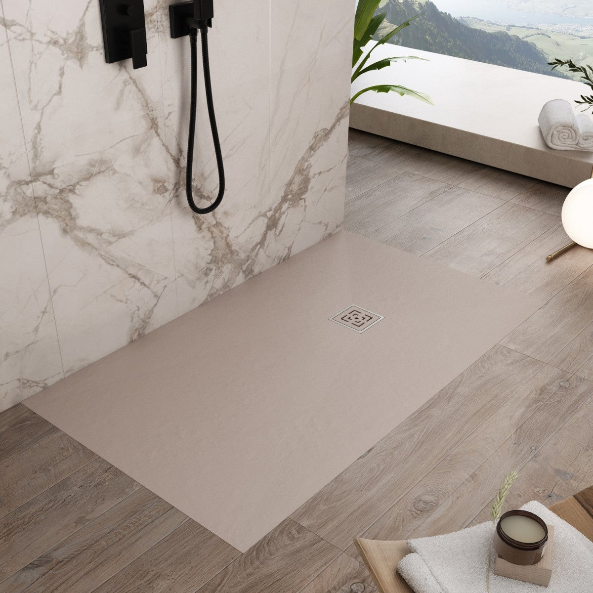 Piatto doccia in marmoresina sabbia effetto pietra cemento passion, misura 90x90