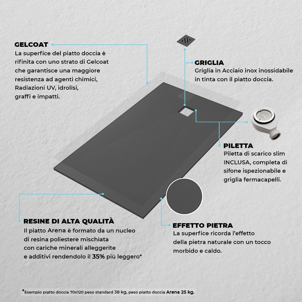 Piatto doccia in resina 70x140 Arena antracite completo di kit scarico