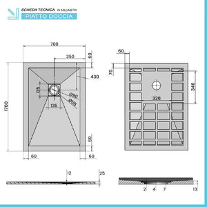 Piatto doccia in resina 70x170 Karen bianco pietra completo di griglia