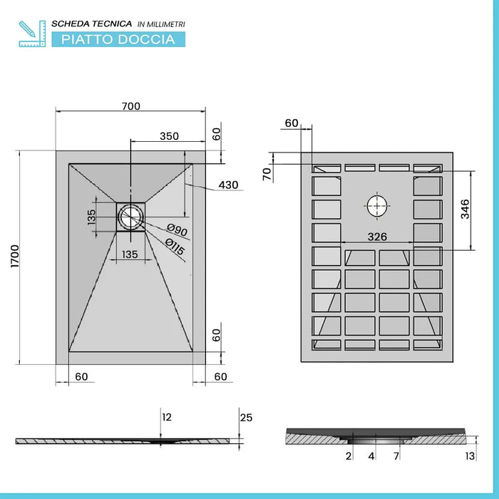 Piatto doccia in resina 70x170 Karen bianco pietra completo di griglia