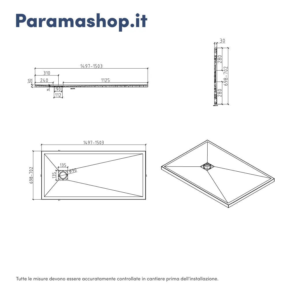 Piatto doccia rettangolare 70x150 cm in marmoresina bianco effetto pietra h3 cm | Milos