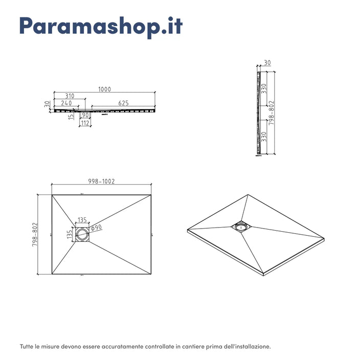 Piatto doccia rettangolare 80x100 cm in marmoresina bianco effetto pietra h3 cm | Milos