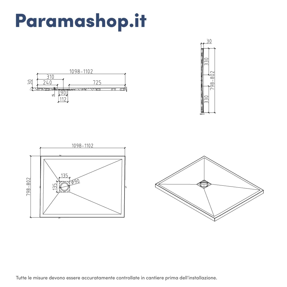 Piatto doccia rettangolare 80x110 cm in marmoresina bianco effetto pietra h3 cm | Milos