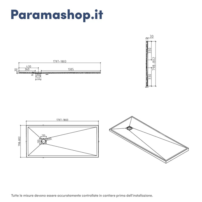 Piatto doccia rettangolare 80x180 cm in marmoresina bianco effetto pietra h3 cm | Milos
