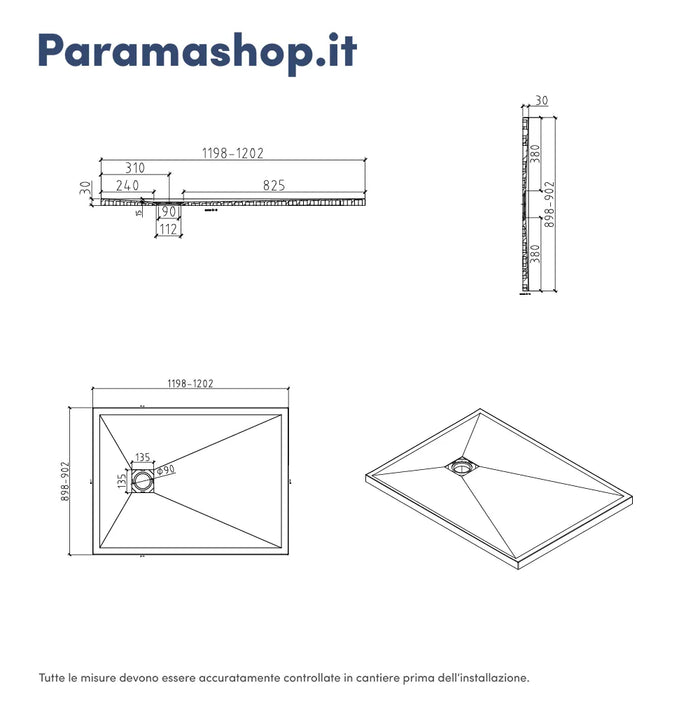 Piatto doccia rettangolare 90x120 cm in marmoresina bianco effetto pietra h3 cm | Milos