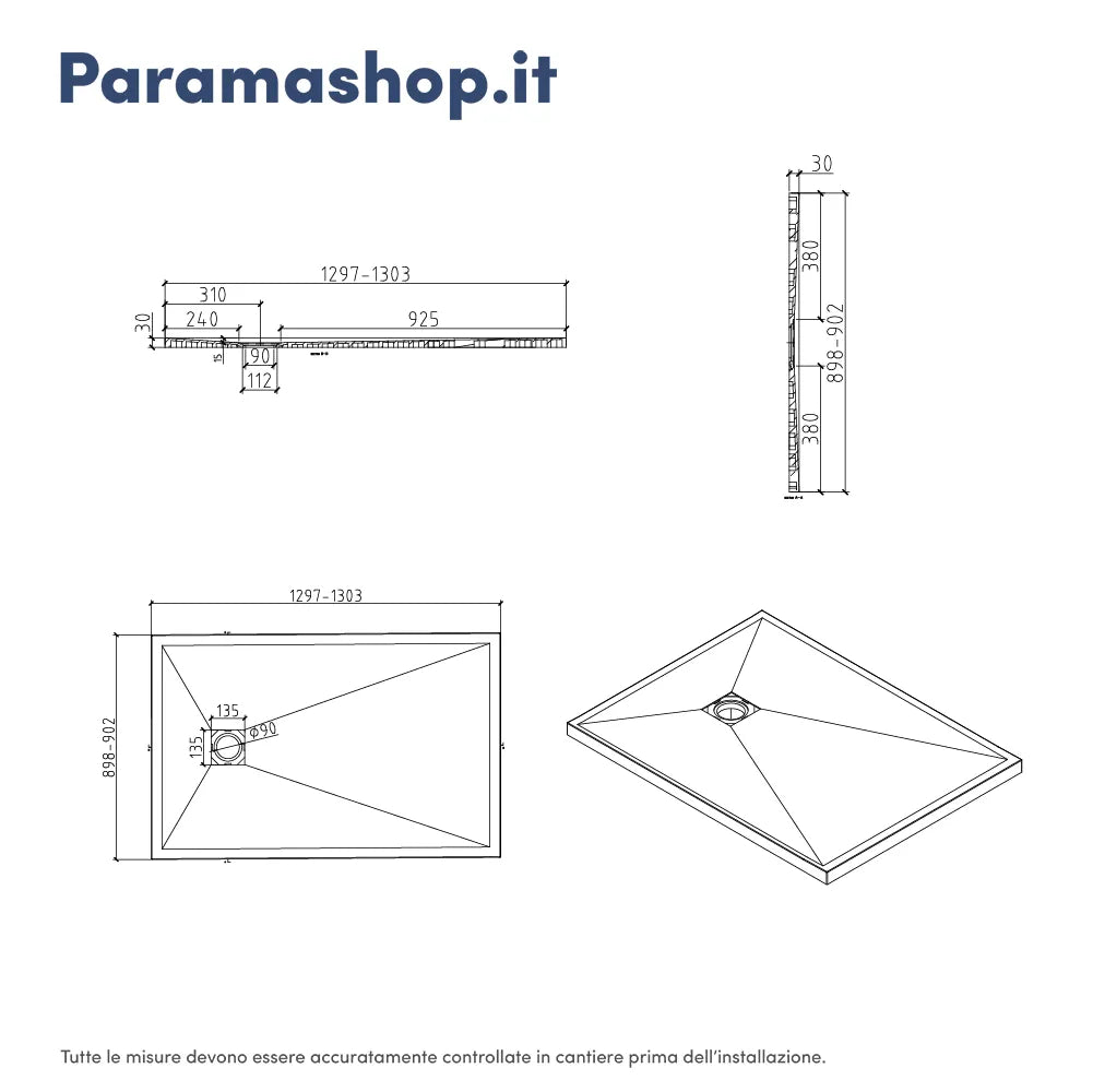 Piatto doccia rettangolare 90x130 cm in marmoresina bianco effetto pietra h3 cm | Milos