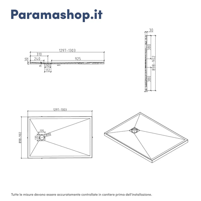 Piatto doccia rettangolare 90x130 cm in marmoresina bianco effetto pietra h3 cm | Milos