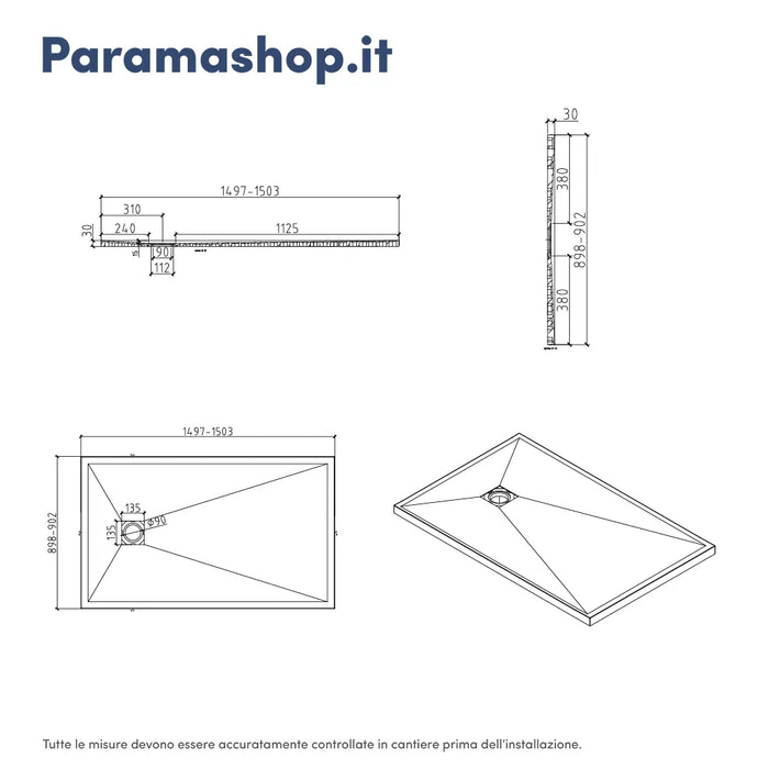 Piatto doccia rettangolare 90x150 cm in marmoresina bianco effetto pietra h3 cm | Milos