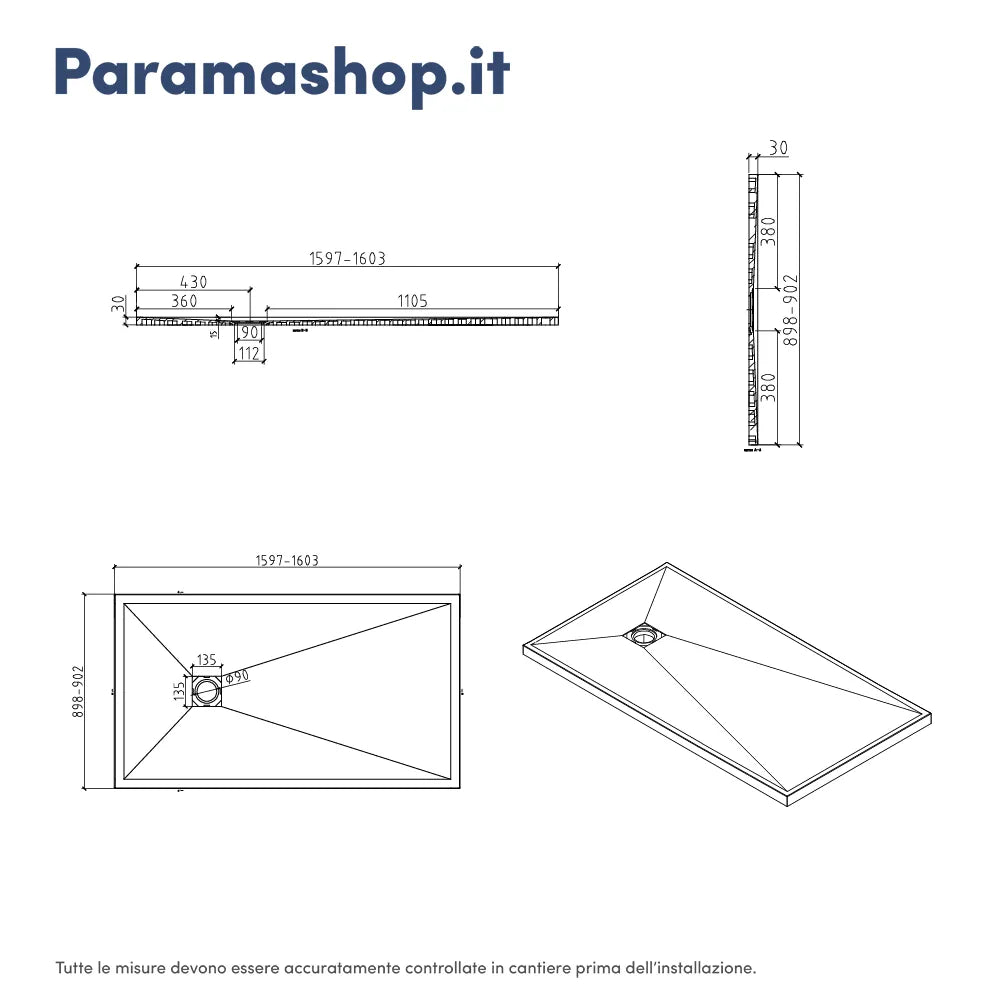 Piatto doccia rettangolare 90x160 cm in marmoresina bianco effetto pietra h3 cm | Milos