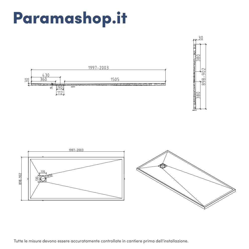 Piatto doccia rettangolare 90x200 cm in marmoresina bianco effetto pietra h3 cm | Milos
