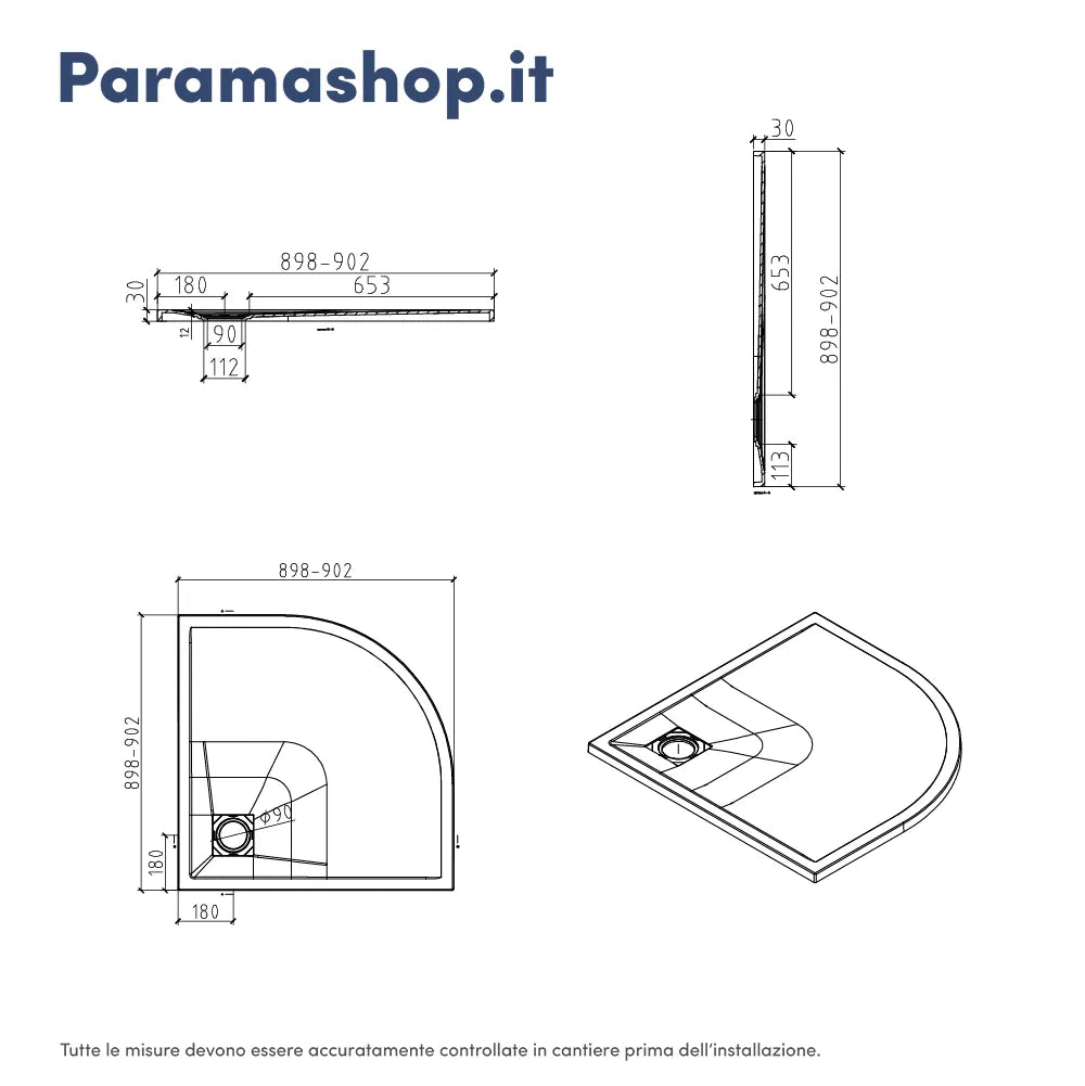 Piatto doccia semicircolare 90x90 cm in marmoresina bianco effetto pietra h3 cm | Milos