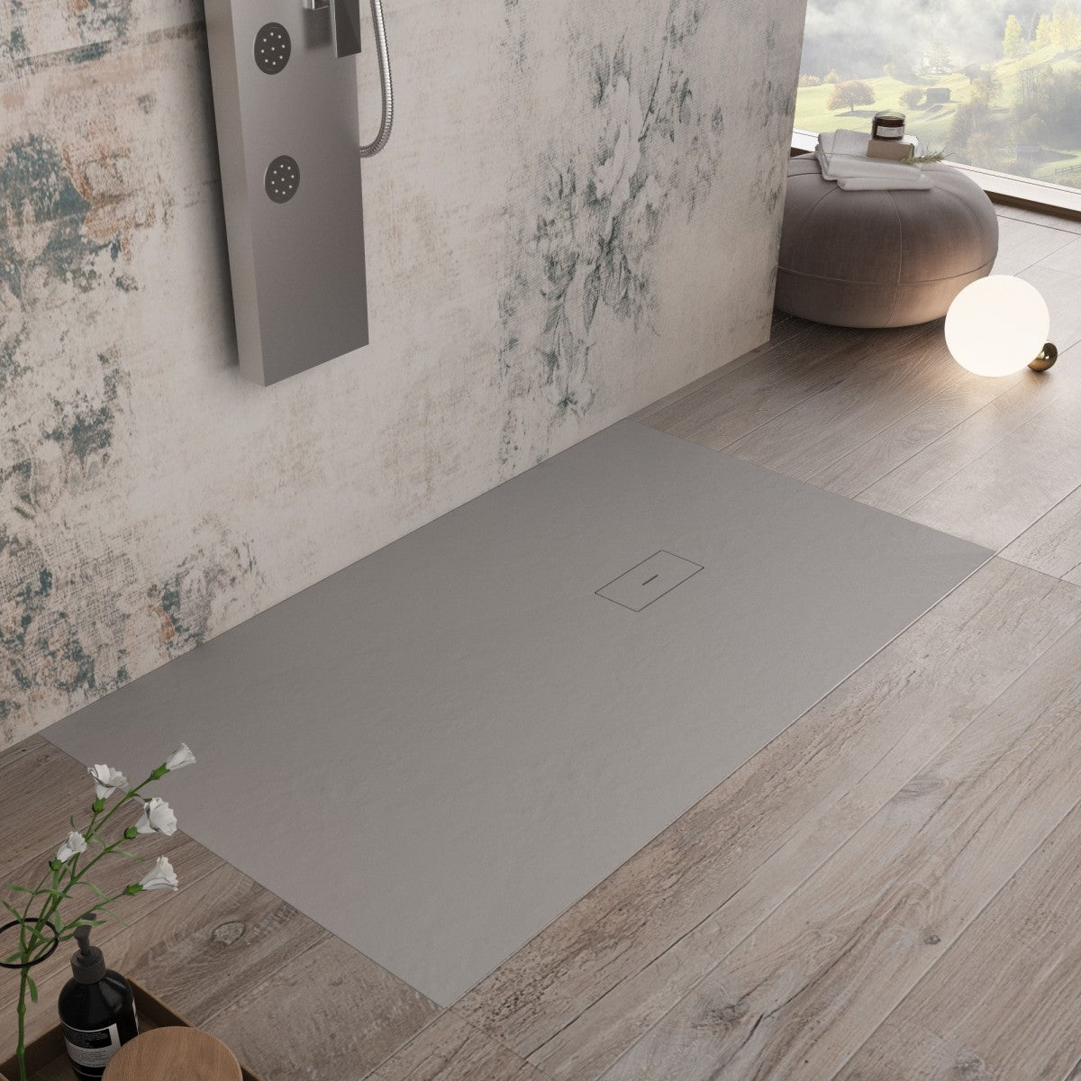 Piatto doccia in marmoresina grigio chiaro effetto pietra cemento maka, misura 90x170